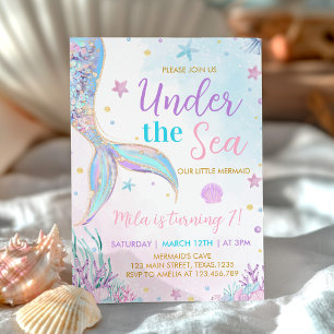 Mermaid Tail Under the Sea Girl Birthday Invitation