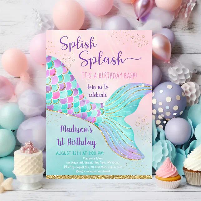Mermaid Tail Under The Sea Pink Gold Birthday Invitation | Zazzle