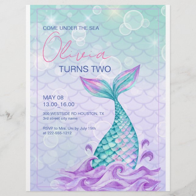 Mermaid Tail Under the Sea Purple Birthday  Flyer (Front)
