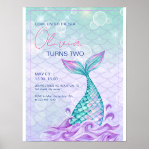 Mermaid Tail Under the Sea Purple Birthday Poster