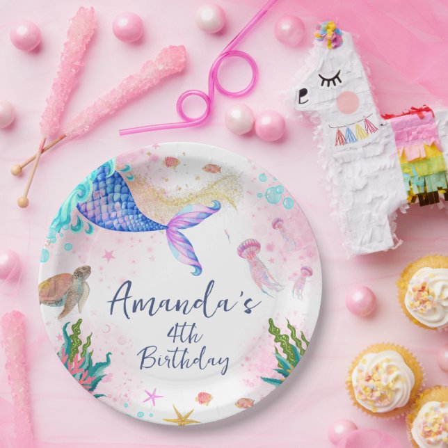 Mermaid tail Watercolor Birthday Under the Sea Paper Plate (Party)