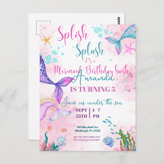 Mermaid tail Watercolor Birthday Under the Sea Postcard (Front/Back)