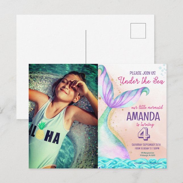 Mermaid tail Watercolor Birthday Under the Sea Postcard (Front/Back)