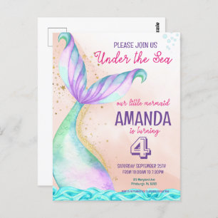 Mermaid tail Watercolor Birthday Under the Sea Postcard