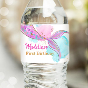Mermaid Tail Watercolor Purple Gold Girl Birthday Water Bottle Label