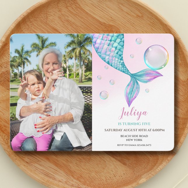 Mermaid Tail with bubbles Birthdayphoto Invitation (Creator Uploaded)