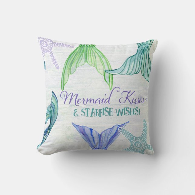 Mermaid Tails Kisses Starfish Wishes Saying Wood Cushion (Front)