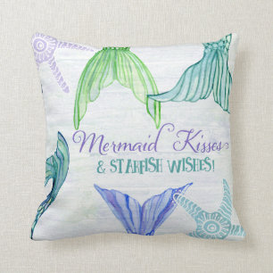 Mermaid Tails Kisses Starfish Wishes Saying Wood Cushion