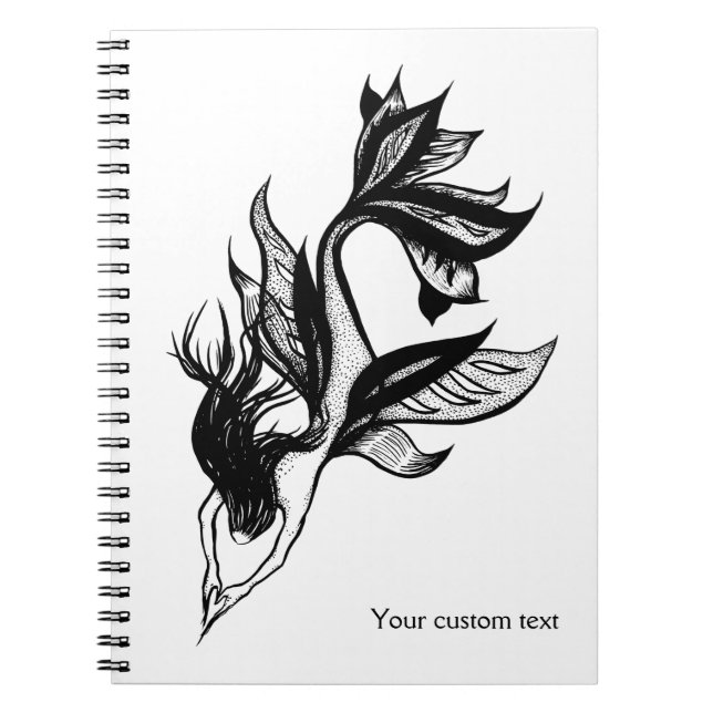 Mermaid Tattoo Style Black White Ink Drawing Notebook (Front)