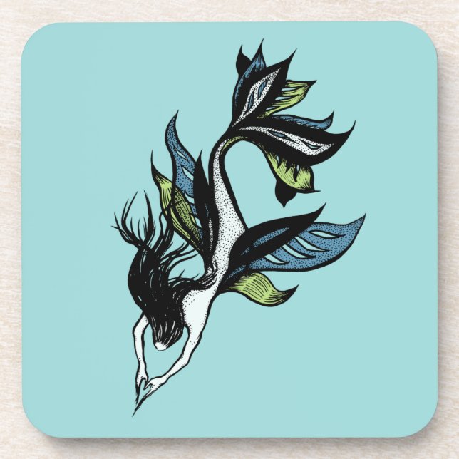 Mermaid Tattoo Style - Fantasy Ink Drawing Coaster (Front)