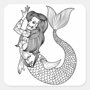 Mermaid Tattoo Vintage Mermaid Art Tattoo Girls Square Sticker