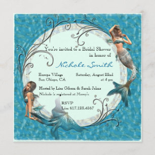 Mermaid Teal Blue Floral Bridal Shower Invites