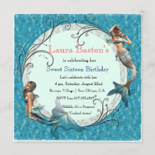 Mermaid Teal Blue Sweet 16 Birthday Invites