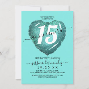 Mermaid Teal Glitter Heart Balloon Quinceañera Invitation