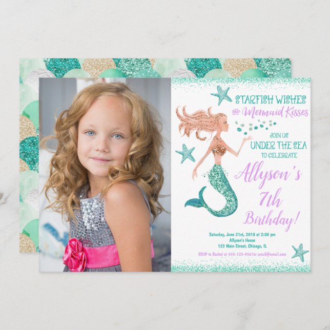 Mermaid teal gold under the sea birthday photo invitation (Front/Back)