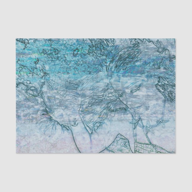 Mermaid Teal Green Nautical Ocean Waves Decoupage Tissue Paper (Front)