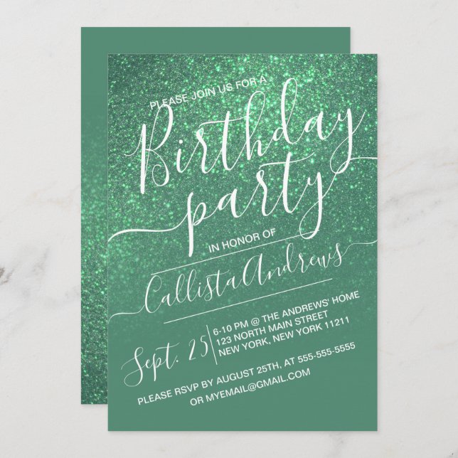 Mermaid Teal Green Sparkly Glitter Ombre Birthday Invitation (Front/Back)