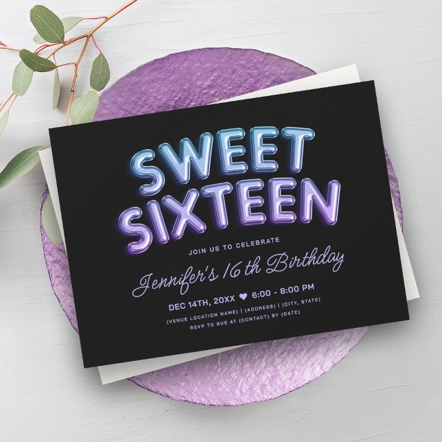 Mermaid Teal Purple Balloons Black Sweet 16   Invitation (Mermaid Teal Purple Balloons Black Sweet 16 Invitation)