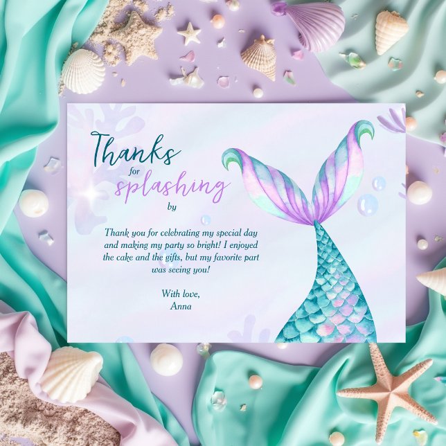 Mermaid Thanks for Splashing by Birthday Thank You Card (Thank for Splashing By Mermaid Birthday Theme Thank You Card)