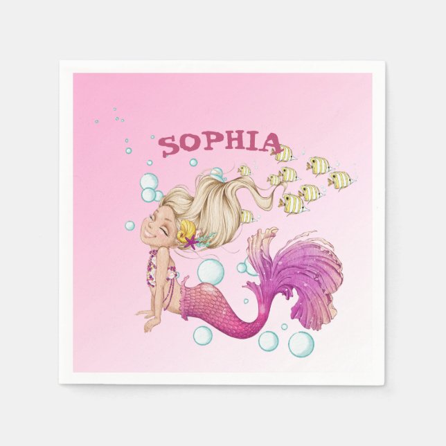 Mermaid Theme Cute Pink Napkins (Front)