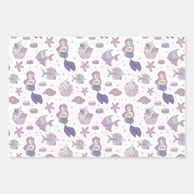 Mermaid Theme Party Teal Purple Birthday Wrapping Paper Sheet (Front)