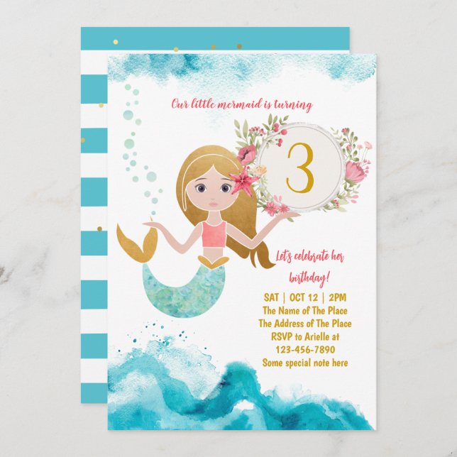 Mermaid Theme Under The Sea Baby Girl 3rd Birthday Invitation (Front/Back)