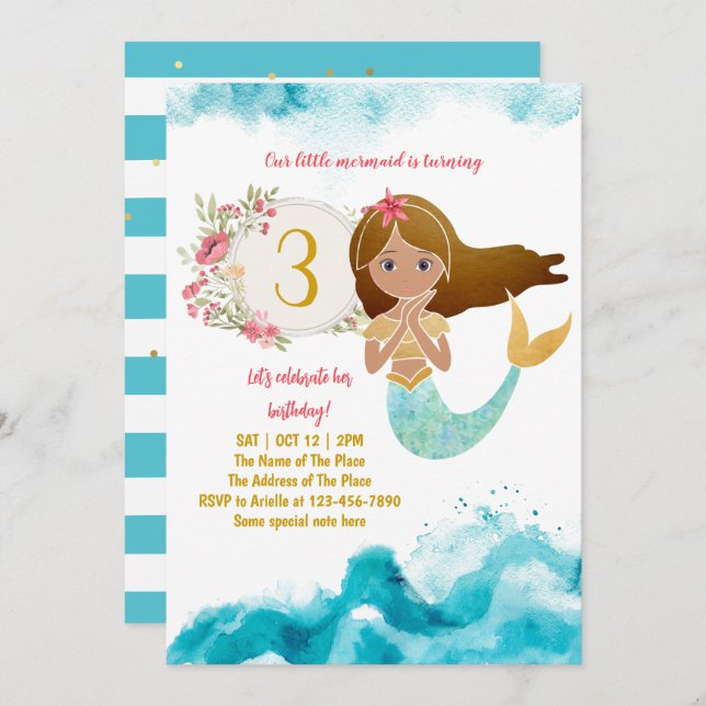 Mermaid Theme Under The Sea Baby Girl 3rd Birthday Invitation (Front/Back)