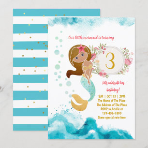 Mermaid Theme Under The Sea Baby Girl 3rd Birthday Invitation