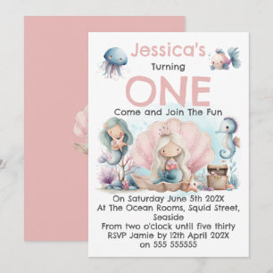 Mermaid Themed 1st Birthday Invitation