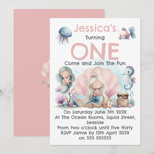 Mermaid Themed 1st Birthday Invitation (Front/Back)