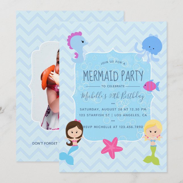 Mermaid themed Birthday Party add photo invitation (Front/Back)