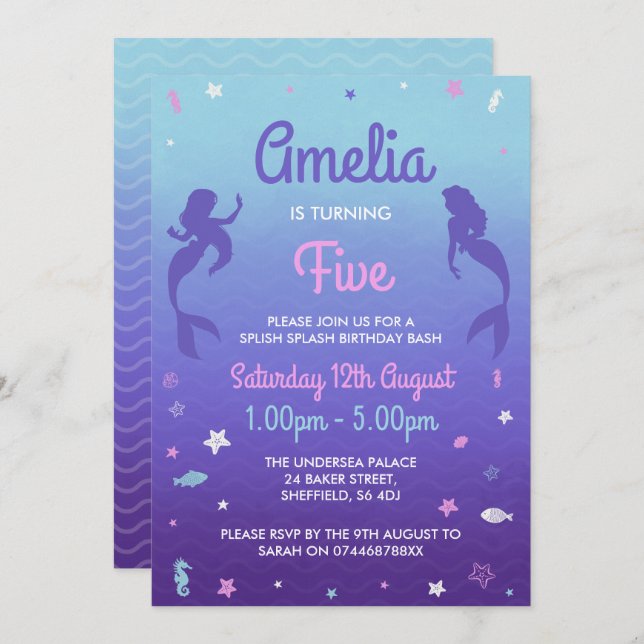 Mermaid themed birthday party invitation (Front/Back)