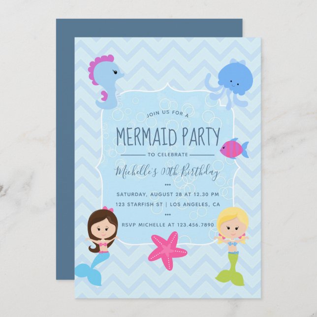 Mermaid themed Birthday Party invitation (Front/Back)