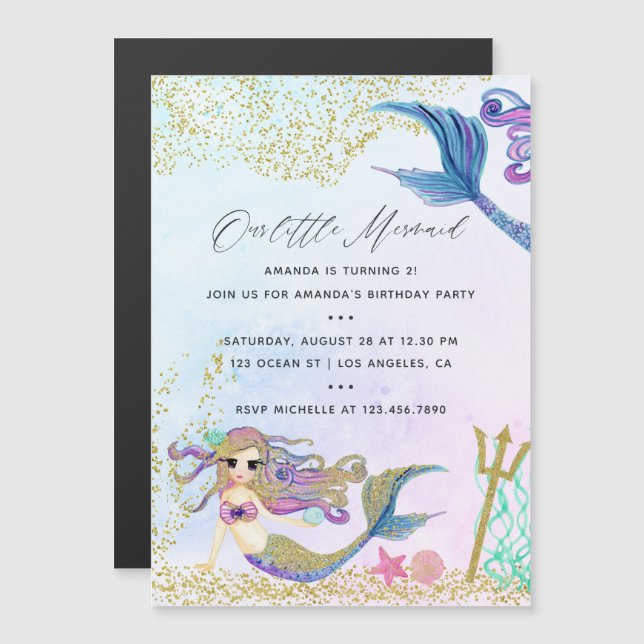 Mermaid themed Birthday Party Magnetic Invitation (Front/Back)