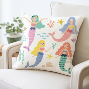 Mermaid Themed Decorative Pillow, Cute Underwater Cushion