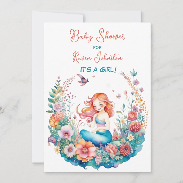 Mermaid Themed Floral Girl's Baby Shower Invitation (Front)
