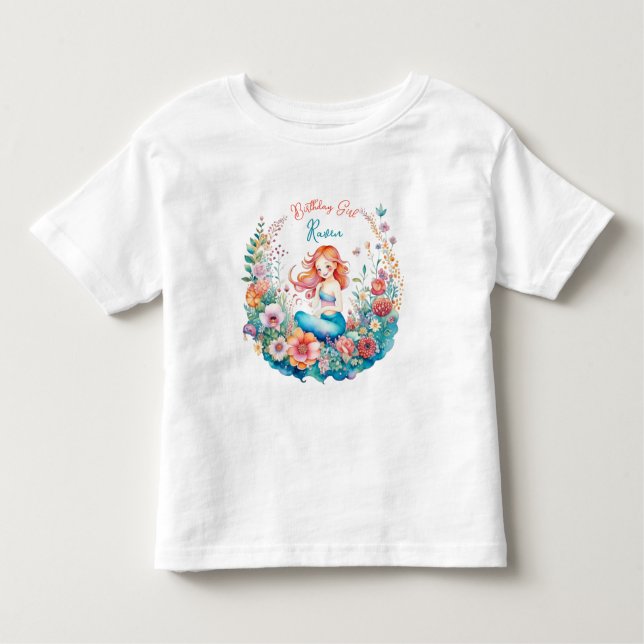 Mermaid Themed Floral Girl's Birthday Birl Toddler T-Shirt (Front)