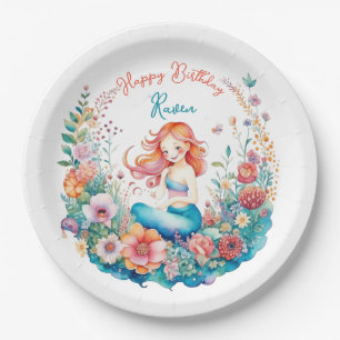Mermaid Themed Floral Girl's Birthday Party Paper Plate