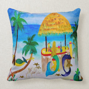 Mermaid Tiki Beach Bar Throw pillow