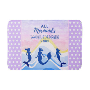 Mermaid Trio   All Mermaids Welcome   Polka Dot  Bath Mat
