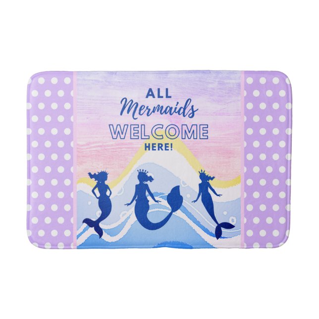 Mermaid Trio | All Mermaids Welcome | Polka Dot  Bath Mat (Front)