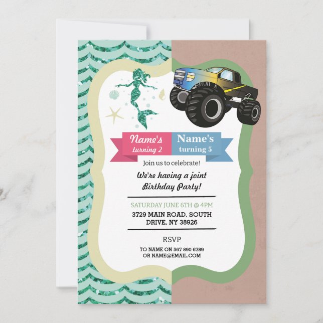 Mermaid & Trucks Joint Boy girl Birthday Invites (Front)