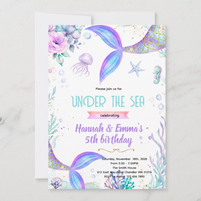Mermaid twins party invitation (Front)