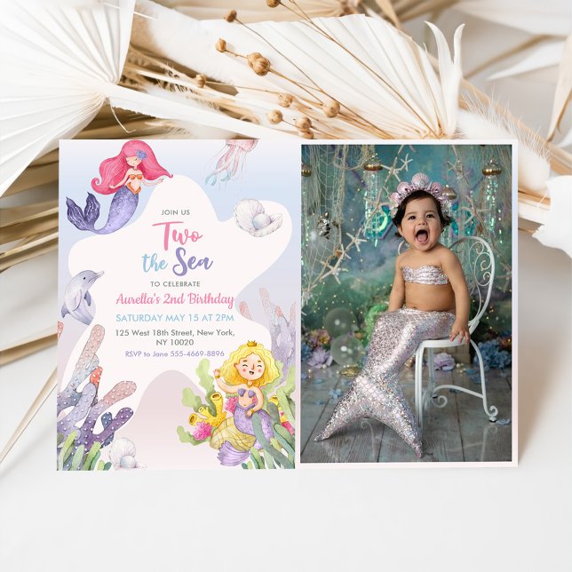 Mermaid Two The Sea 2nd Birthday Party Photo Invitation (Creator Uploaded)