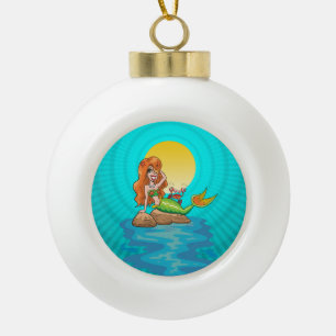 Mermaid under a Full Moon Ceramic Ball Christmas Ornament