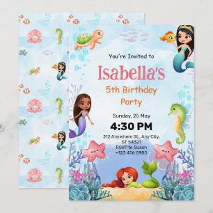 Mermaid Under Sea 5th Birthday Party Invitation