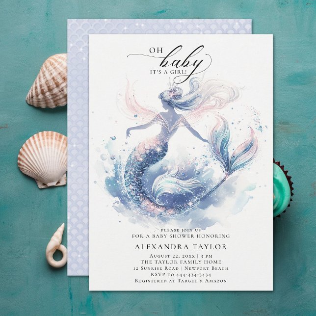 Mermaid Under Sea Elegant Chic Girl Baby Shower Invitation (under the sea mermaid girl baby shower invitation elegant watercolor modern classy chic)