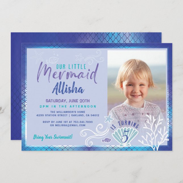 Mermaid Under The Ocean Blue & Purple Photo Invitation (Front/Back)
