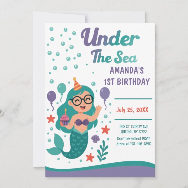 Mermaid Under The Sea 1st Birthday Party  Invitation (Front)