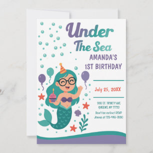 Mermaid Under The Sea 1st Birthday Party Invitation